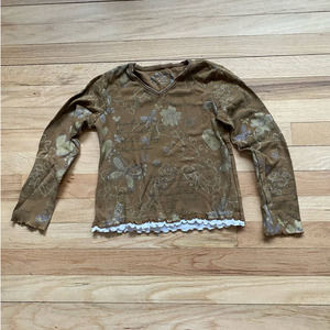 Vintage The Childrens Place Brown and White Long Sleeved Ruffle Layer Top